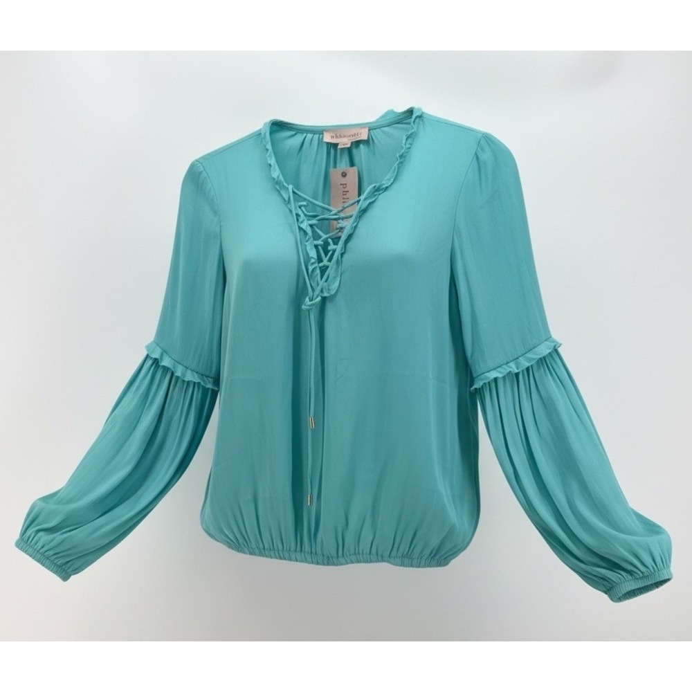 Teal Lace-Up Long-Sleeve Blouse